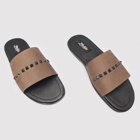 Ella Stud Slippers Coffee Brown Leather ZMP012 - Zorkle Shoes
